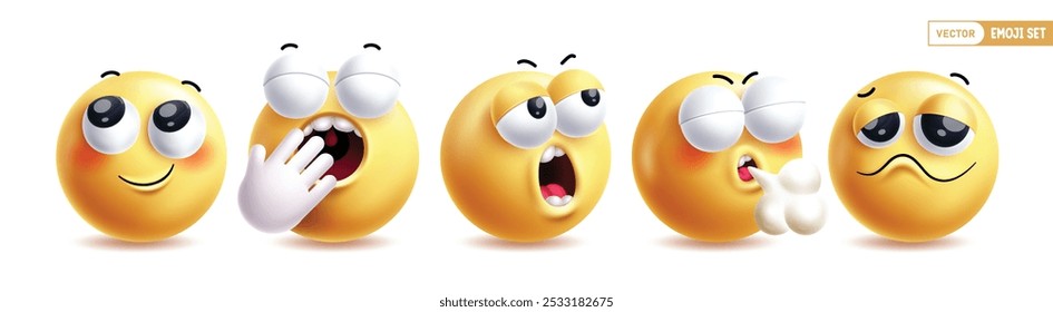Emoji emoticon characters vector set. Emojis character collection like happy, yawning, shock, blow and sad facial expressions in white background. Vector illustration cute faces yellow emoticon 