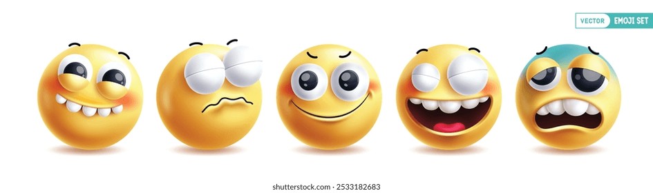 Conjunto de Vectores de personajes de emoticonos de emoji. Colección del carácter del emoticono en cara divertida, triste, sonrisa, feliz, expresión facial del mal sentimiento en fondo blanco. Conjunto de emoticonos de caras amarillas de Ilustración vectorial.
