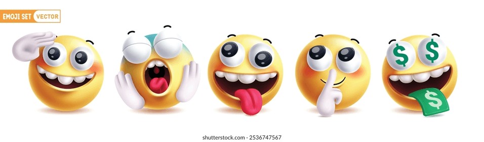 Emoji emoticon characters vector set. Emojis yellow emoticon character with salute, naughty, funny, quiet and rich facial expression icon collection in white background. Vector illustration emojis 