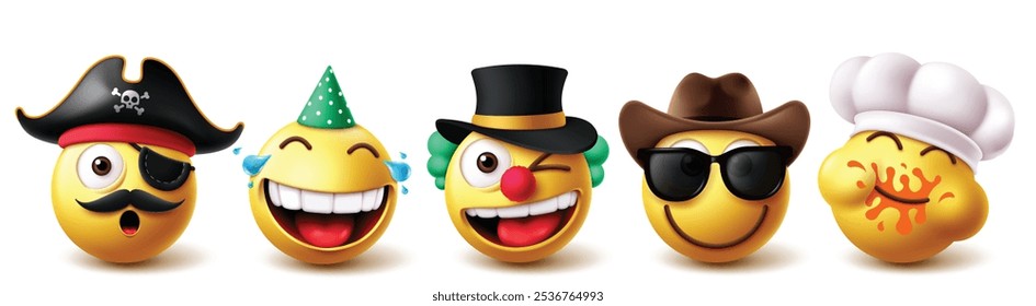 Conjunto de Vectores de personajes de emoticonos de emoji. Emoticonos 3d carácter como pirata, vaquero y chef con sombreros Elementos de disfraces colección y expresiones faciales lindas en el fondo blanco. Ilustración vectorial 