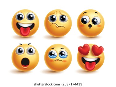 Conjunto de vetores de caracteres emoticon emoji. Emoticon rosto bonito em feliz, bobo, triste, tímido, chocado, chorando e no amor expressão facial para a coleção de ícones 3d. Elementos gráficos emojis de ilustração vetorial. 
