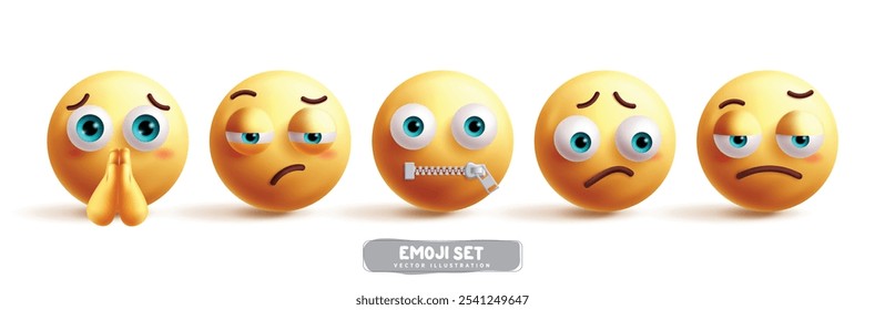 Emoji emoticon characters vector set. Emojis yellow icon collection in begging, sad, quiet, disappointed and regret facial expression character isolated in white background. Vector illustration 