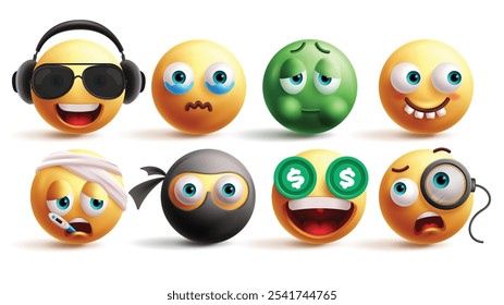 Conjunto de vetores de caracteres emoticon emoji. Emojis ouvindo música, choro, gripe, dentes engraçados, doente, ladrão, elementos gráficos ricos e criminosos em fundo branco. Ilustração em vetor amarela