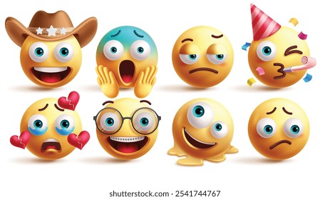 Conjunto de Vectores de personajes de emoticonos de emoji. Emojis vaquero, conmocionado, estrés, payaso de cumpleaños, corazón roto, nerd, derretimiento y triste expresión facial Elementos gráficos. Emoticonos de color amarillo Ilustración vectorial 