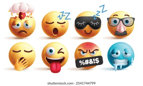 Conjunto de Vectores de personajes de emoticonos de emoji. Los emojis explotan, cansado, soñoliento, anciano, bostezando, travieso, loco y frío personaje de emoticonos 3D en fondo blanco. Ilustración vectorial amarillo icono Elementos de diseño