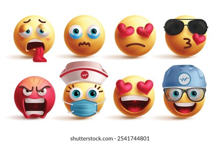 Conjunto de Vectores de personajes de emoticonos de emoji. Emojis 3d emoticonos como cansado, llorando, corazón roto, beso volador, loco, enfermera, enamorado y doctor expresiones faciales Elementos gráficos. Emojis de Ilustración vectorial