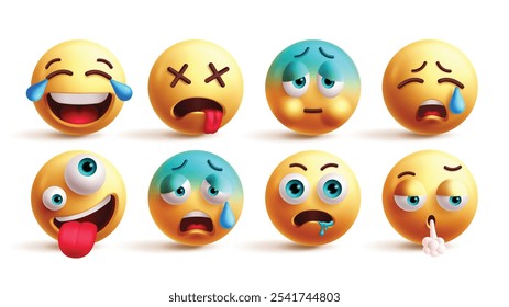 Conjunto de Vectores de personajes de emoticonos de emoji. Emojis feliz, cansado, frío, llorando, travieso, enfermo, hambriento y soplando la cara de la colección de emoticonos amarillos. Ilustración vectorial emojis Elementos gráficos 