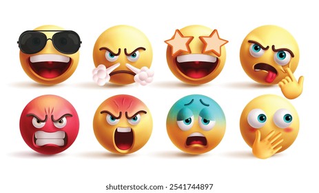 Emoji emoticon characters vector set. Emojis emoticons in cool, angry, star eye, naughty, bad mood, shout, cold and shy graphic elements in white background. Vector illustration yellow emoticons