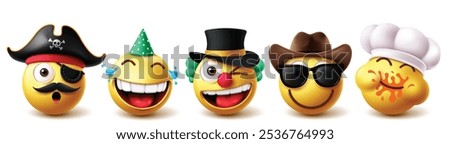 Emoji emoticon characters vector set. Emoticons 3d character like pirate, cowboy and chef  with hats costume elements collection and cute facial expressions in white background. Vector illustration 