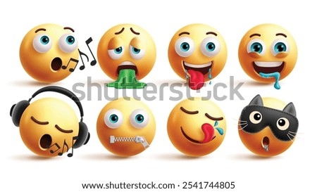 Emoji emoticon characters vector set. Emojis singing, vomit, starving, thirsty, listening music, quiet, craving and rest yellow emoticons collection in white background. Vector illustration emojis
