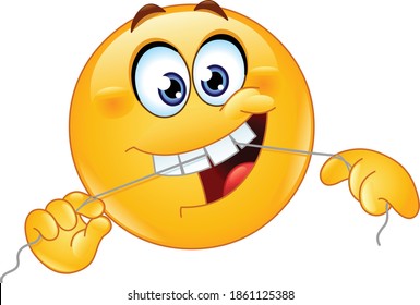 Emoji emoticon cleaning his teeth with a dental floss