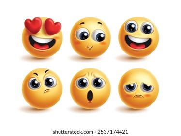 Emoji emoticon conjunto de vetores de personagens bonitos. Emoticons rosto no amor, rubor, feliz, confuso, desapontado e ansioso expressão facial para ícone 3d coleção amarela. Emojis de ilustração vetorial 