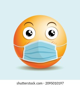 Emoji emoticon cute embarrassed and joyful with a small mouth in medical mask.