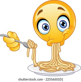 Emoji emoticon eating spaghetti from a plate using a spoon