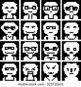 Emoji emoticon expression icons in style pixel graphics pictogram of male and fun people female faces