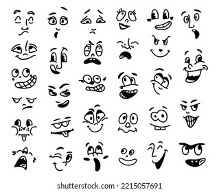 Emoji or emoticon, eye and face of cartoon character. Crying and cheering, laughing and smiling, scared and afraid, shy and modest. Vector in flat style