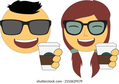 Emoji emoticon faces coffee couple vector set. Emojis or emoticons with crazy, smiling, funny, laughing, design elements. Sunglasses, hair, cups. Best vector illustration.