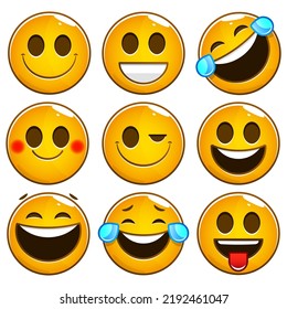 Emoji y emoticono afrontan un conjunto de vectores. Emojis o emoticonos con expresiones locas, sorpresivas, divertidas, risas y aterradoras para elementos de diseño aislados en fondo blanco. Ilustración vectorial.