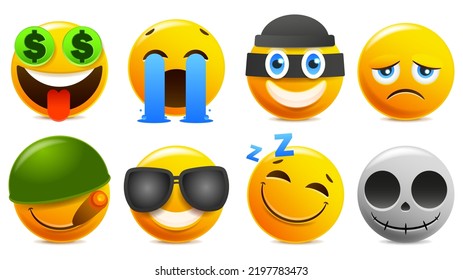Emoji and emoticon faces vector set. Emojis or emoticons with crazy, surprise, funny, laughing, and scary expressions for design elements isolated in white background. Vector illustration.