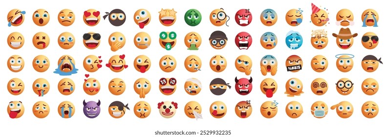 Emoji emoticon flat characters vector set. Emojis flat character collection in happy, cute, naughty, crying, in love, silly and freeze facial expression graphic elements. Vector illustration emoticons