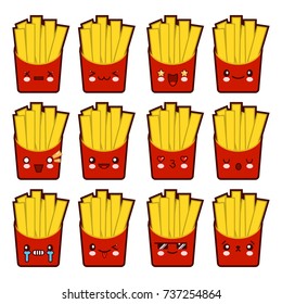 Emoji emoticon french fries with a lot of variation Set of kawaii face french fries emoticons. Isolated on white background. Flat design Vector Illustration EPS