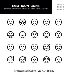 Emoji or Emoticon icons set in 32 x 32 pixel perfect with editable stroke