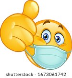 Emoji emoticon with medical mask over mouth showing thumb up