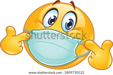 Emoji emoticon with medical mask over mouth pointing at himself with both hands. Pick me. 