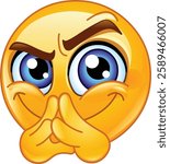 Emoji emoticon with a mischievous grin, plotting with fingers together and raised eyebrows, expressing sneaky or devious intent