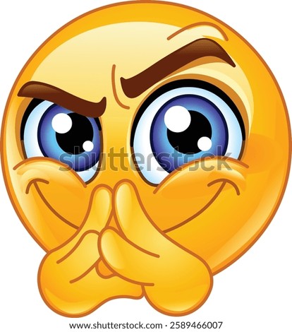 Emoji emoticon with a mischievous grin, plotting with fingers together and raised eyebrows, expressing sneaky or devious intent