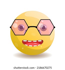 Emoji emoticon round with a big smile, hexagonal pink glasses with a black frame.