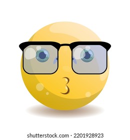 Emoji emoticon round with a kiss, square blue sunglasses with black frame.