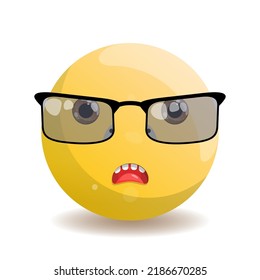 Emoji emoticon round upset, brown eyes and rectangular glasses with black frame and glass.