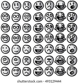 Emoji / Emoticon / Smiley Vector set. Black and white, on white background. Hand drawn, silly doodles. Vector file is grouped, ready to use!