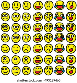 Emoji / Emoticon / Smiley Vector set. Colored, flat, on white background. Hand drawn, silly doodles. Vector file is grouped, ready to use!