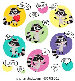 Emoji, emoticon stickers with cute raccoon character and speech bubbles, cartoon vector illustration isolated on white background. Funny little raccoon character saying words, showing emotions
