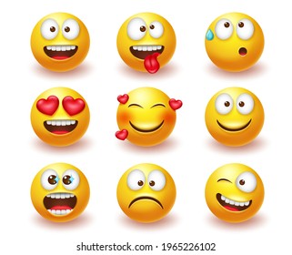 Emoji emoticon vector set. Emojis 3d characters with expressions and emotions like happy, in love and crazy in yellow face icon for cute avatar character collection design. Vector illustration