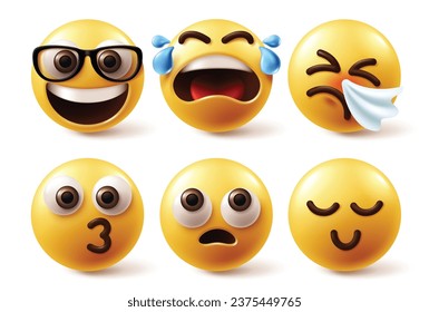 Emoji emoticon vector set. Emojis emoticon facial expression in happy, crying, sneezing, cold and speech less faces mood for yellow icon collection characters. Vector illustration emoji set collection