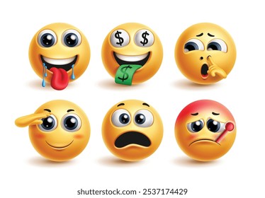 Conjunto de Vector de emoticono de emoji. Emojis emoticon expresión facial en hambriento, rico, aburrido, saludo, silencios y enfermo por los personajes de colección de íconos amarillos. colección de conjunto de emojis de Ilustración vectorial.
