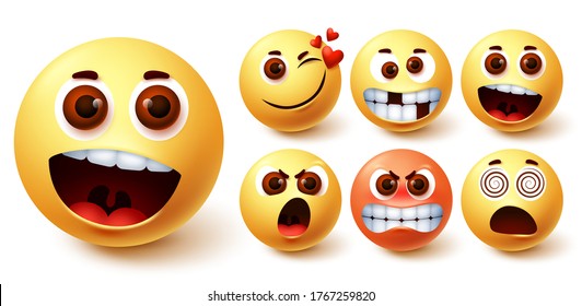 Emoji emoticon vector set. Emoji faces in different facial expressions and feelings like surprise, in love, happy, mad, angry and dizzy for social media design element. Vector illustration.
