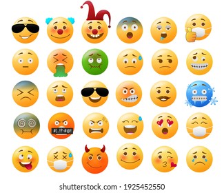 Emoji emoticon vector set. Icon yellow face in funny, sick, dizzy and cold facial expressions isolated in white background for emoticon collection design. Vector illustration