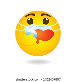 Emoji Emoticon Wearing Face Mask Hugging Red Heart And Alcohol Gel Or Hand Wash Gel Protect Coronavirus 2019 NCoV Or Covid-19, Yellow Cartoon Emotion, New Normal Lifestyle Health Care White Background