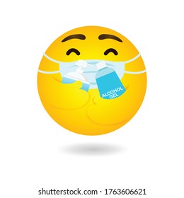 Emoji Emoticon Wearing Face Mask Hugging Alcohol Gel And Hand Wash Gel Protect Coronavirus 2019 NCoV Or Covid-19, Yellow Cartoon Emotion, New Normal Lifestyle Health Care White Background