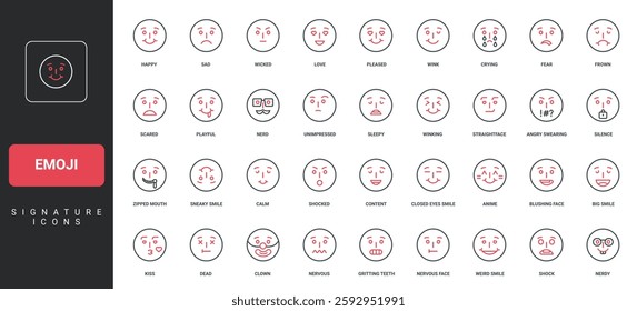 Emoji, emoticons with different expression and mood, love and hate emotion line icon set. Angry and sad, happy face with smile and wink, glasses thin black and red symbols vector illustration