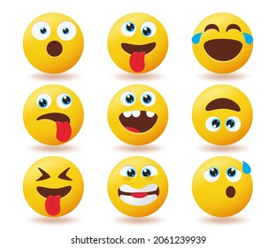 Emoji emoticons reaction vector set. Emoticons icon characters with funny and weird smileys collection isolated in white background for emojis facial expression design. Vector illustration.
