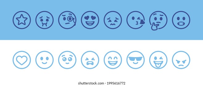 Emoji emoticons set isolated. Line art faces with different funny emotions. Simple modern design icons. Chat elements. UI, UX for mobile app, social media or web. Flat style vector illustration.