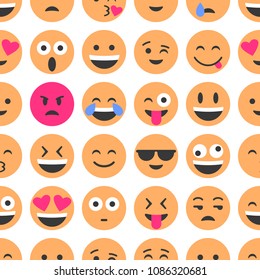 Emoji and emoticons. Smiles, flat icons. Set or collection of characters. Seamless pattern