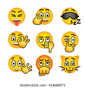 Emoji emoticons. Smiley face flat vector icons set. Facial emotions and expression symbols. Cute cartoon illustrations of mood and reactions for text chat and web messenger. Yellow ball character
