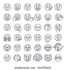 Emoji emoticons. Smiley face thin lines flat vector icons set. Different  facial emotions and expression linear symbols. Cute ball cartoon character mood and reactions for text chat and web messenger