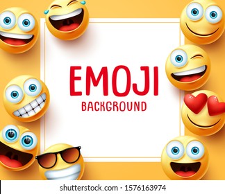 Emoji emoticons vector background template. Emoji background text in white space with group of emojis face elements in yellow background. Vector illustration. 